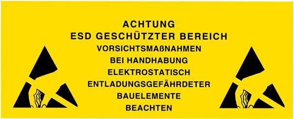 Znak stacji roboczych ESD, język niemiecki, z otworami do powieszenia.